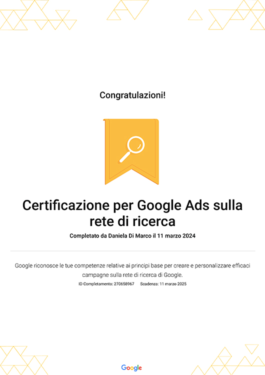 Certificazione Google Ads sulla rete di ricerca Daniela Di Marco